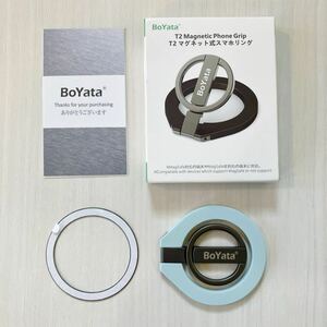 BoYata マグネット式スマホリング MagSafe対応 スタンド機能 角度調整 磁気増強メタルリング付 落下防止 取り外し可 耐久性 (ライトブルー)