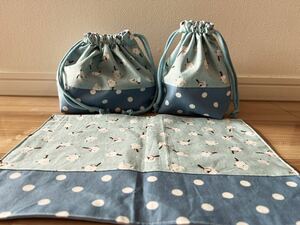 * hand made *simaenaga bento bag * glass sack * place mat light blue 