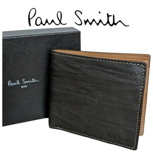 新品 ポールスミス Paul Smith 二つ折り財布 シワ加工 本革 ブラック 紳士 メンズ