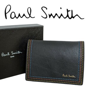 新品 ポールスミス Paul Smith 二つ折り財布 ストライプステッチ PS ミニ財布 ブラック メンズ 箱付き 紳士 牛革 札入なし