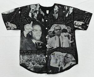 80s〜90s USA製 Malcolm X 総柄 ベースボールシャツ MADE IN USA アメリカ製 マルコムX