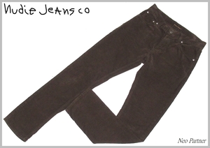 定価￥28,600 イタリア製 美品 Nudie Jeans ヌーディージーンズ Thin Finn Velvet Choko ベルベット ストレッチ スリムパンツ W31 メンズ