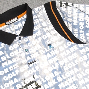 美品 MARK&LONA マークアンドロナ ゴルフ 2020SS SPACE ギャラクシー ロゴプリント ストレッチ 半袖ポロシャツ サックス 48 日本製 メンズの画像3