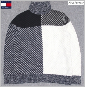 美品 TOMMY HILFIGER トミーヒルフィガー 配色切替 ローゲージ タートルネック ニットセーター ネイビーｘホワイト XL メンズ 大きいサイズ