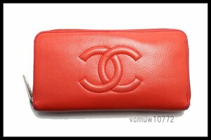 希少美中古■CHANEL 18番台 キャビアスキン ココマーク SV金具 レザー ラウンドファスナー 長財布 シャネル■0111vu6159471