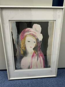 マリー ローランサン リトグラフ 絵画 額装 大判 バラ色の帽子の乙女 Marie Laurencin 額寸 縦 75cm 横57cm