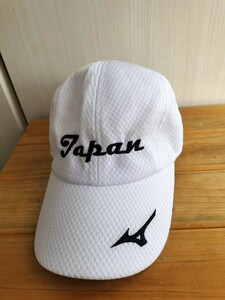 ミズノ キャップ JAPAN フリーサイズ(56-60cm) メンズ レディース ホワイト系 ロゴ刺繍 ゴルフ テニススポーツ ウォーキング 良品 送料無料
