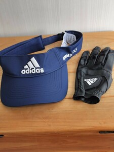  アディダス ゴルフサンバイザー フリーサイズ(57-60) ネイビー系 + ゴルフ手袋(23cm) ブラック スポーツ ウォーキング 良品 送料無料