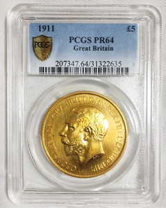 TOP3 高鑑定 1911年 英国 イギリス ジョージ 5世 5ポンド 5ソブリン プルーフ 金貨 PCGS PR64 アンティークコイン ゴールド