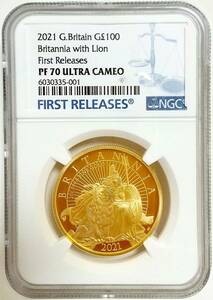 世界1枚 2021年 英国 イギリス ブリタニア ライオン 100ポンド 1オンス プルーフ 金貨 NGC PF70 ULTRA CAMEO First Releases