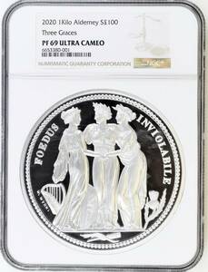 2020年 イギリス領 オルダニー スリーグレイセス 100ポンド 1kg 1キロ プルーフ 銀貨 NGC PF69 ULTRA CAMEO