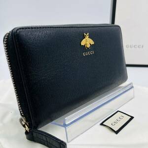 1円《極美品・付属品付き》GUCCI グッチ アニマリエ 蜂 ビー ロゴ 長財布 ラウンド ジッピーウォレット シボ革 レザー 黒 ブラック メンズ