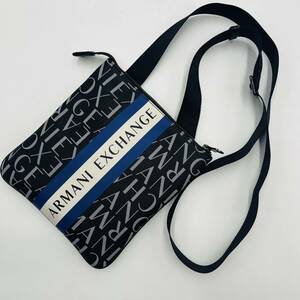 1円《極美品》ARMANI EXCHANGE アルマーニエクスチェンジ ロゴストライプ 総柄 ショルダーバッグ メッセンジャー 斜めがけ 黒 PVC レザー