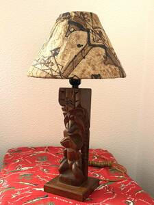 1950s Vintage TIKI Hawaiian KOA Carving Night Lamp Stand with Tapa Cloth