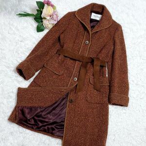 極美品 L マックスマーラ ロングコート ツイード ヘリンボーン ウール100 ベルテッド ベルト 大きいサイズ MaxMara ブラウン 茶色