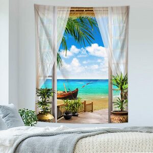タペストリーF74　景色　窓　無人島　ビーチ　海　ヤシの木　デコレーション　壁掛け　自然　DIY　砂浜　
