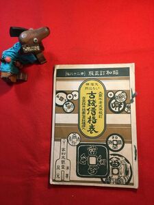 印刷和綴じ本「古銭価格表」昭和5年刊 大島不老(不詳)校訂 文翫堂編集部編・発行日本(慶長小判) 支那(唐國通寶 光紹通寶) 碓氷峠切手銭他