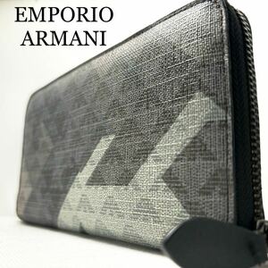 【入手困難】エンポリオアルマーニ EMPORIO ARMANI ラウンドファスナー 長財布 PVCレザー 総柄 メンズ ロングウォレット 小銭入れ