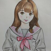 手描きイラスト 直筆 B5サイズ 色鉛筆画 セーラー服グレー ピンクスカーフ_画像2