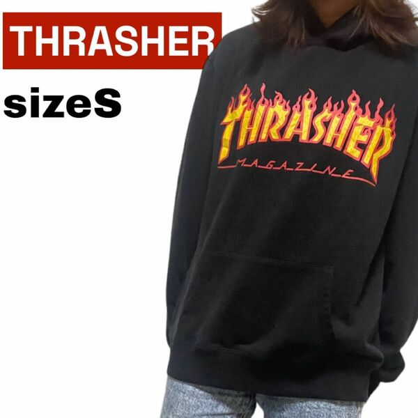 THRASHER スラッシャー スウェット パーカー プルオーバー プリント ビッグロゴ 黒 古着 S