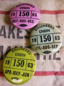 ⑦1963年 ビンテージ ３個セット ENGINEERS UNION (IUOE) 缶バッジ /ユニオンメイド/30S40S50S/ワーカー/ワークウェアー