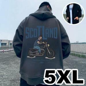 5XL グレー 裏起毛 ジップアップ パーカー バイク イラスト プリント ビッグプリント 大きいサイズ