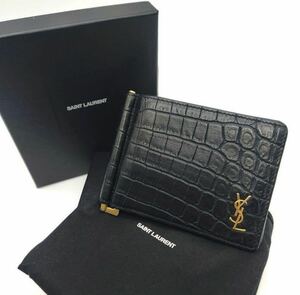 極美品SAINT LAURENT サンローラン　マネークリップ　クロコ　折り財布　カードケース　黒　レザー　札入れ　カサンドラ　定期入れ　名刺