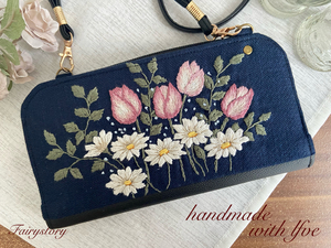 ハンドメイド◇手刺繍◇マーガレット　忘れな草◇ラウンドファスナー　長財布　ショルダー　お財布バッグ◇リネン100％◇刺繍◇財布