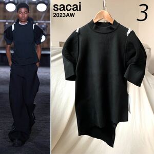 新品 2023AW sacai サカイ Knit Pullover ニット プルオーバー 3 定7.37万 レディース 黒 ブラック アシンメトリー 23-06848 送料無料