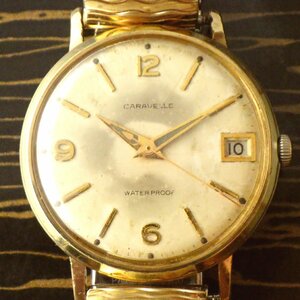 レア★1970年代 ブローバ キャラベル デイト表示 ビンテージ手巻き腕時計 10金張りゴールド伸縮バンド付 メンズ男性