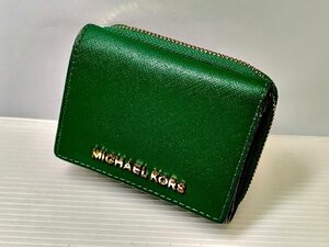 MICHAEL KORS 　マイケルコース　三つ折り財布　グリーン×ゴールド　ロゴ　パスケース付き　