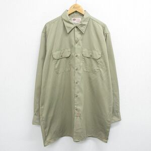 XL/古着 ディッキーズ Dickies 長袖 ワーク シャツ メンズ 大きいサイズ ロング丈 ベージュ カーキ 24jan06 中古 トップス