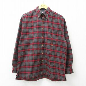 XL/古着 トミーヒルフィガー 長袖 ブランド ヘビー フランネル シャツ メンズ 90s ワンポイントロゴ コットン ボタンダウン 濃グレー他 チ