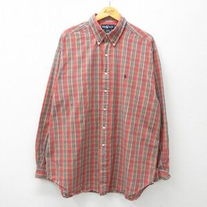 XL/古着 ラルフローレン 長袖 ブランド シャツ メンズ 90s ワンポイントロゴ BLAKE 大きいサイズ ロング丈 コットン ボタンダウン 赤他 レ