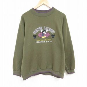 XL/古着 長袖 スウェット メンズ 90s ディズニー DISNEY ミッキー MICKEY MOUSE 刺繍 クルーネック 濃緑 グリーン 24jan10 中古 スエット