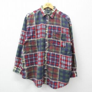 XL/古着 アロー 長袖 シャツ メンズ クレイジーパターン 大きいサイズ ロング丈 赤他 レッド チェック 24jan10 中古 トップス