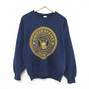 M/古着 長袖 スウェット メンズ 90s ミリタリー ネイビー NAVY リフレクター クルーネック 濃紺 24jan10 中古 スエット トレーナー トップ