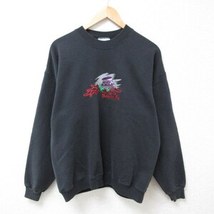 L/古着 ヘインズ Hanes 長袖 スウェット メンズ 90s サンタフェ 刺繍 クルーネック 黒 ブラック 24jan11 中古 スエット トレーナー トップ