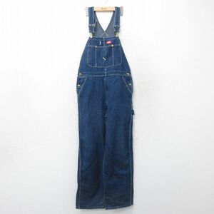 W37/古着 ディッキーズ Dickies オーバーオール メンズ 90s コットン 紺 ネイビー デニム 24jan15 中古 ボトムス