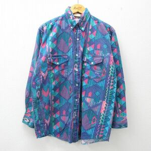 XL/古着 長袖 ウエスタン シャツ メンズ 90s ネイティブ柄 ラグ柄 コットン ボタンダウン 紺他 ネイビー 23feb07 中古 トップス