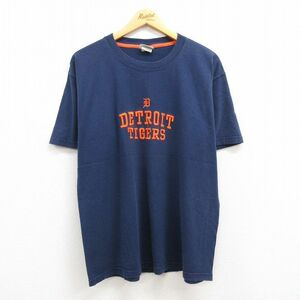 XL/古着 リー Lee 半袖 ビンテージ Tシャツ メンズ 00s MLB デトロイトタイガース 刺繍 クルーネック 紺 ネイビー メジャーリーグ ベー