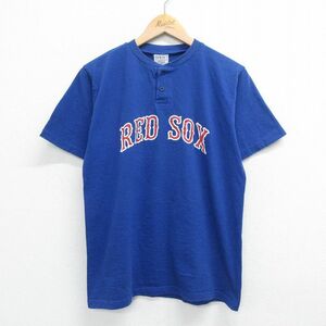 L/古着 半袖 ビンテージ Tシャツ メンズ 00s MLB ボストンレッドソックス パークスコービーハウス 14 ヘンリーネック 青 ブルー メジャ