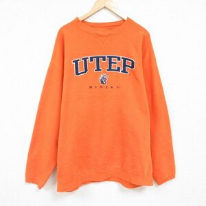 XL/古着 長袖 スウェット メンズ UTEP 刺繍 大きいサイズ ロング丈 クルーネック オレンジ 24jan16 中古 スエット トレーナー トップス