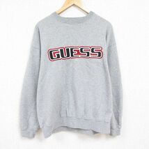 XL/古着 ゲス GUESS 長袖 スウェット メンズ ビッグロゴ 刺繍 大きいサイズ クルーネック グレー 霜降り 24jan16 中古 スエット トレーナー_画像1