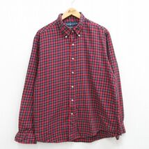 XL/古着 ラルフローレン 長袖 ブランド シャツ メンズ 90s ワンポイントロゴ コットン ボタンダウン 赤 レッド チェック 24jan17 中古 トッ_画像1