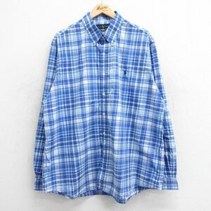 XL/古着 ラルフローレン 長袖 ブランド シャツ メンズ ワンポイントロゴ 大きいサイズ ロング丈 コットン ボタンダウン 紺他 ネイビー チェ