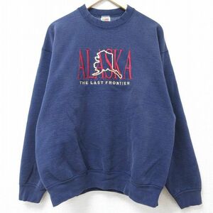 XL/古着 フルーツオブザルーム 長袖 スウェット メンズ 90s アラスカ 刺繍 クルーネック 濃紺 ネイビー 24jan18 中古 スエット トレーナー