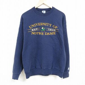 L/古着 スターター STARTER 長袖 スウェット メンズ 90s ノートルダム 大学 刺繍 クルーネック 紺 ネイビー 24jan19 中古 スエット トレー