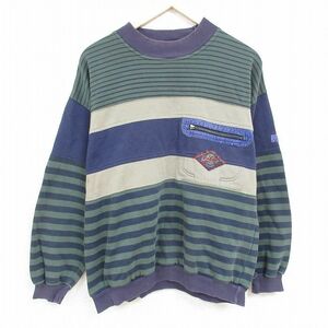 XL/古着 TODAYS NEWS 長袖 スウェット メンズ 90s マルチカラー クルーネック 緑他 グリーン ボーダー 24jan20 中古 スエット トレーナー