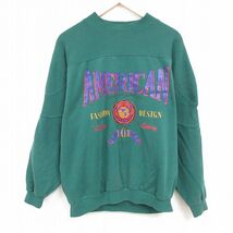 XL/古着 IOU 長袖 スウェット メンズ 90s アメリカン 刺繍 大きいサイズ ラグラン クルーネック 緑 グリーン spe 24jan20 中古 スエット ト_画像1